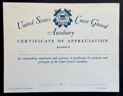 USCG Auxiliary Certificate of Appreciation form